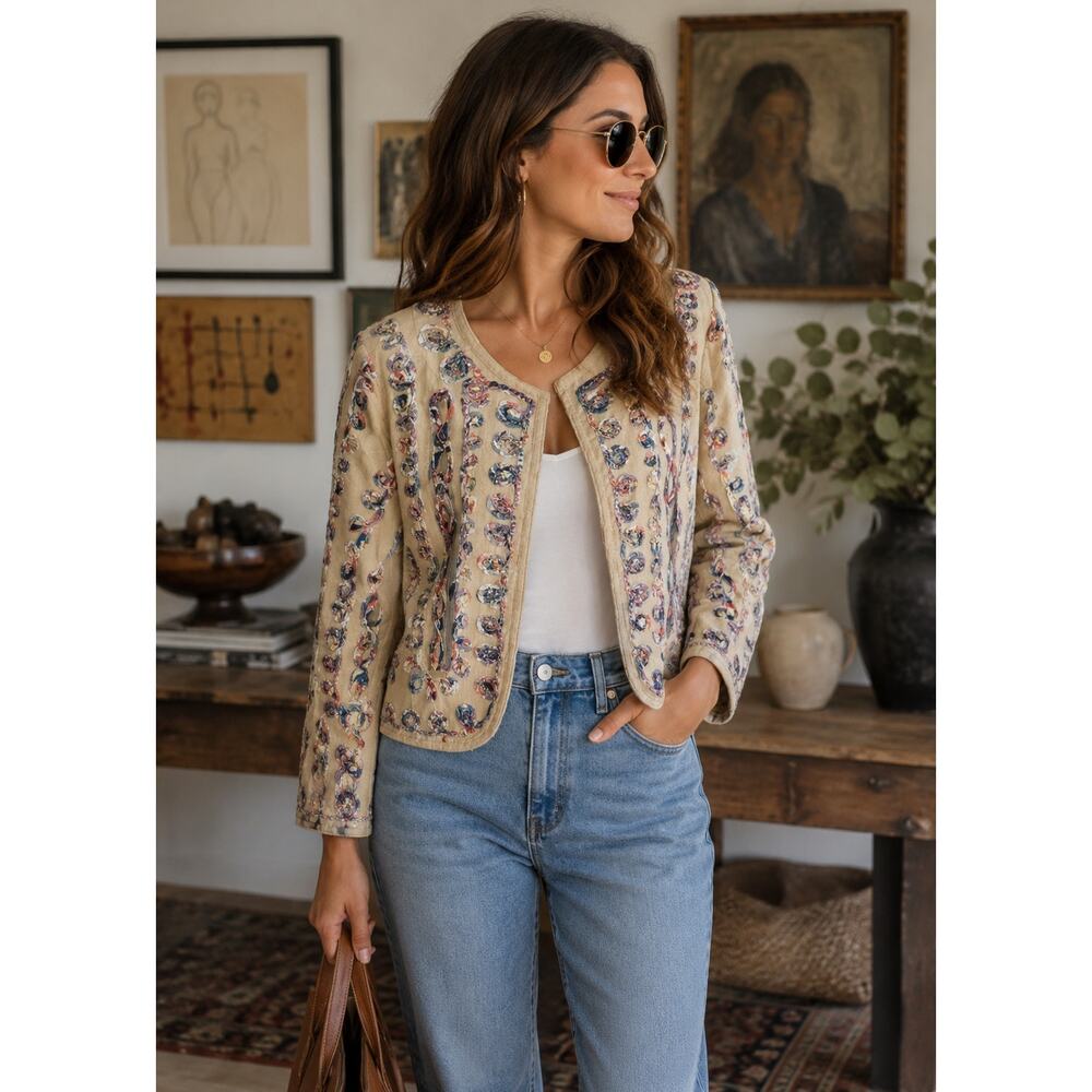 Boho Embroidered Open Front Jacket Beige Artsy Statement Blazer Festival Chic M